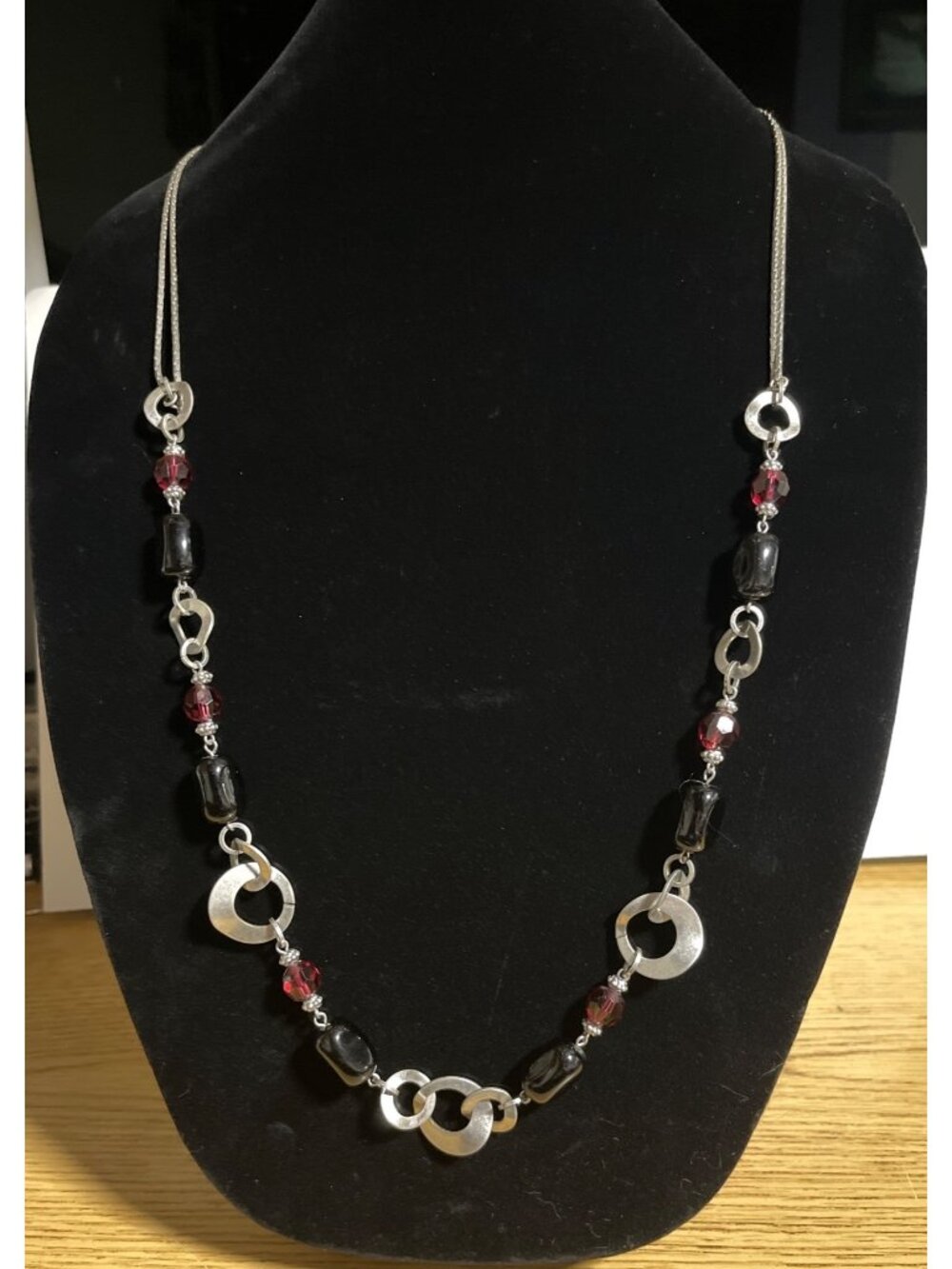 Lia Sophia Cherry Bomb Long Statement Necklace Red Black Silver Tone Beads 36"